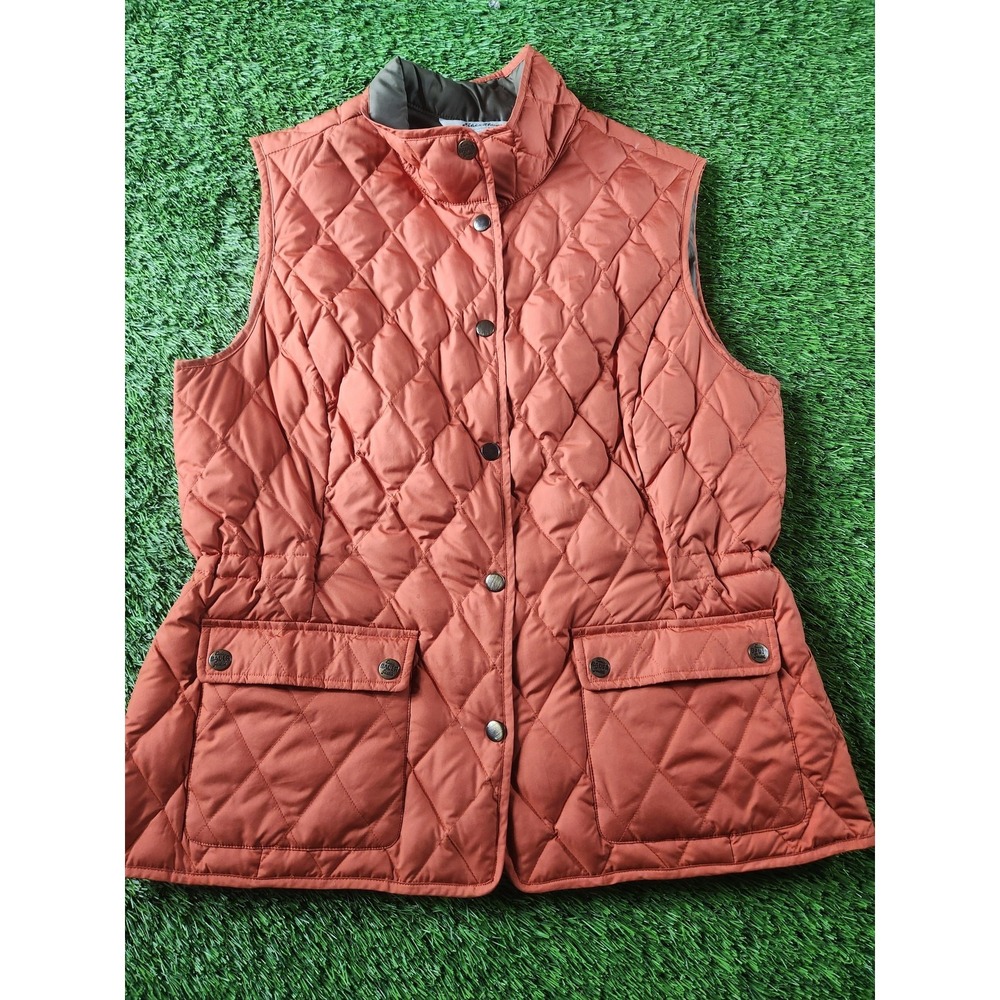 Eddie Bauer Vest Womens L Orange Quilted Down Snap Front‎ Pockets Hiking Casual
